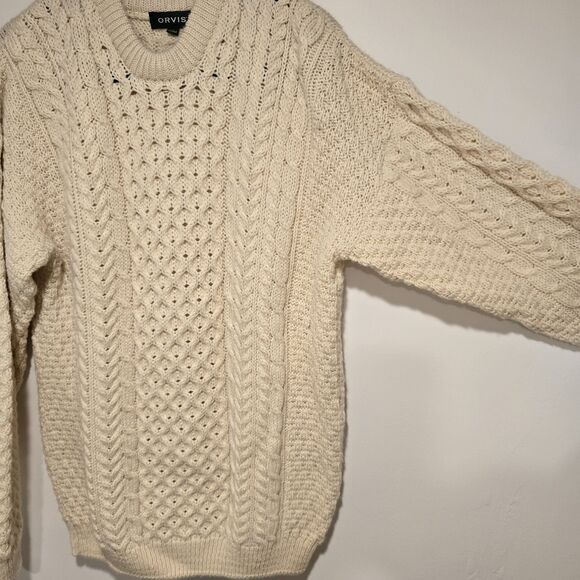 Vintage Orvis Cable Knit Sweater Mens L Cream Wool Fisherman Crew Neck Ireland - Picture 3 of 12